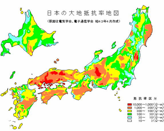 日本の大地抵抗率分布を表した地図画像