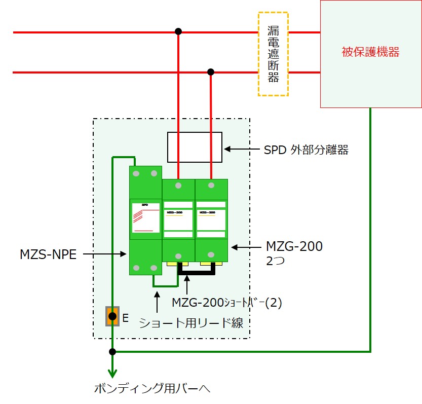 MZG-200とMZS-NPEの単相2線配線図